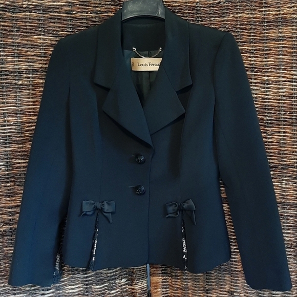 Louis Feraud Silk Blazer Black 38 6 Small Medium Bows Lace Formal French Chic - Picture 1 of 10